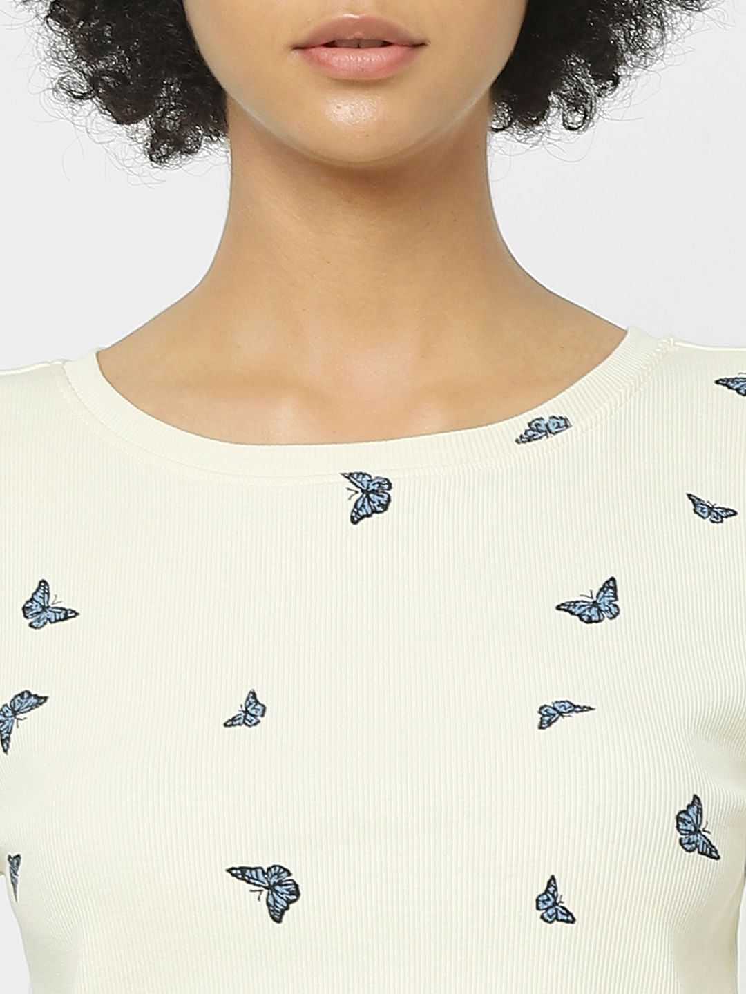 Cream Butterfly Print Cropped Top