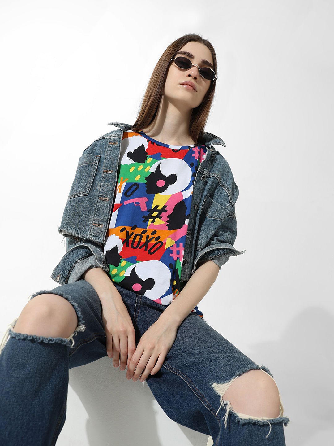 Blue Printed Oversized T-Shirt