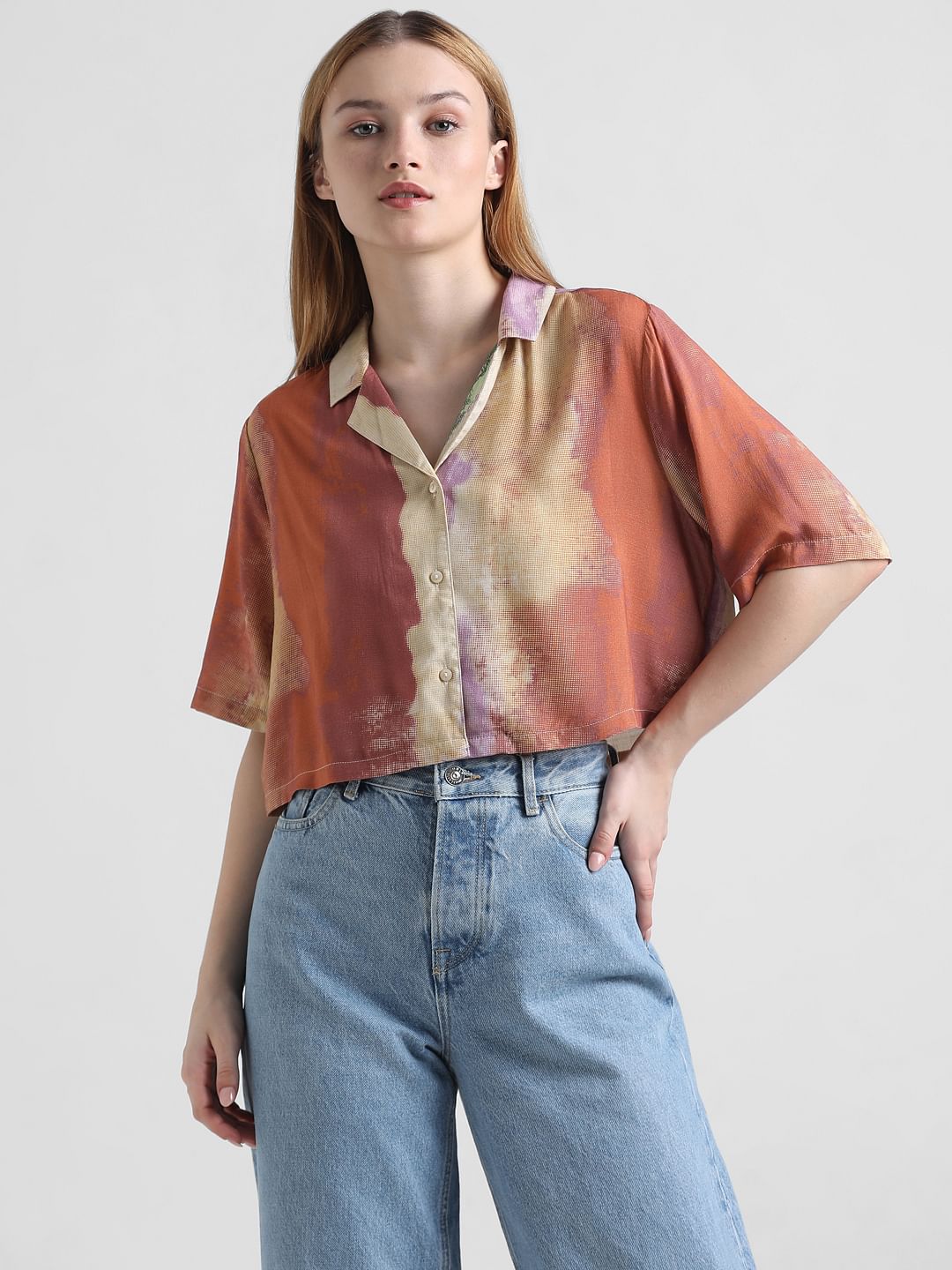 Brown Abstract Print Cropped Shirt