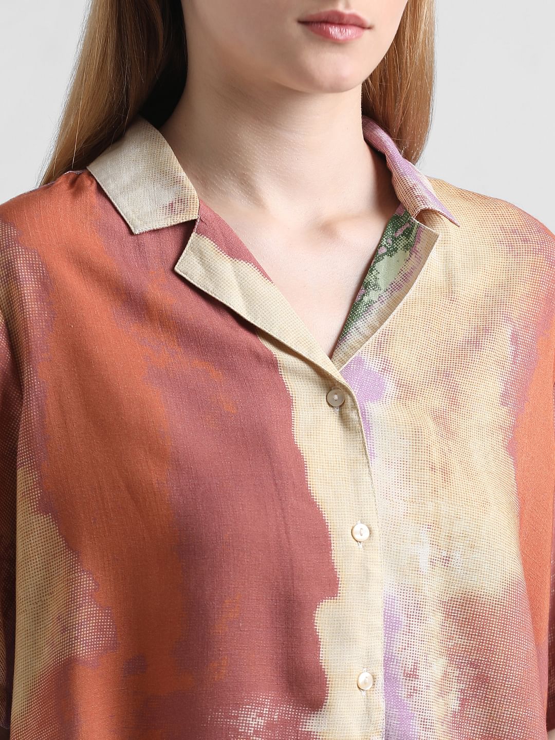 Brown Abstract Print Cropped Shirt