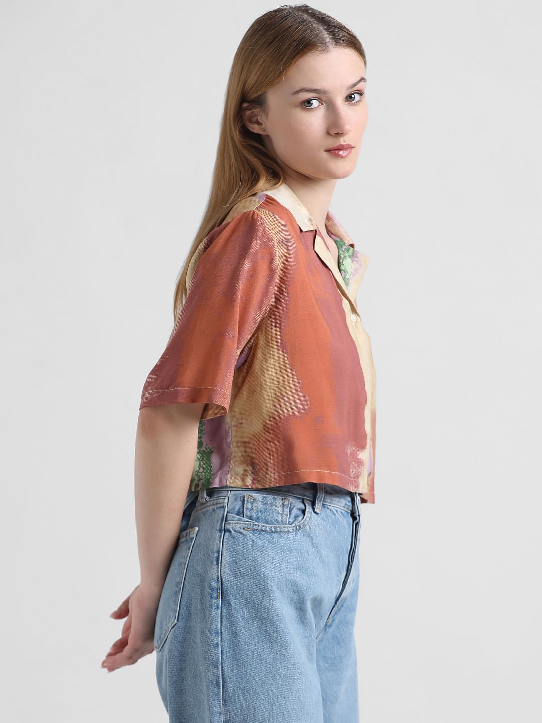 Brown Abstract Print Cropped Shirt
