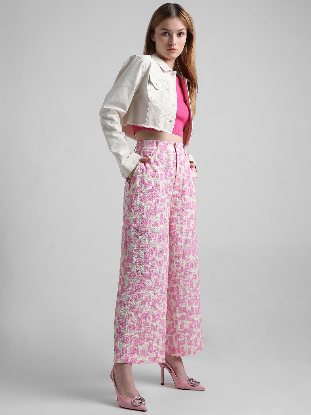 Pink Crinkle Weave Printed Pants