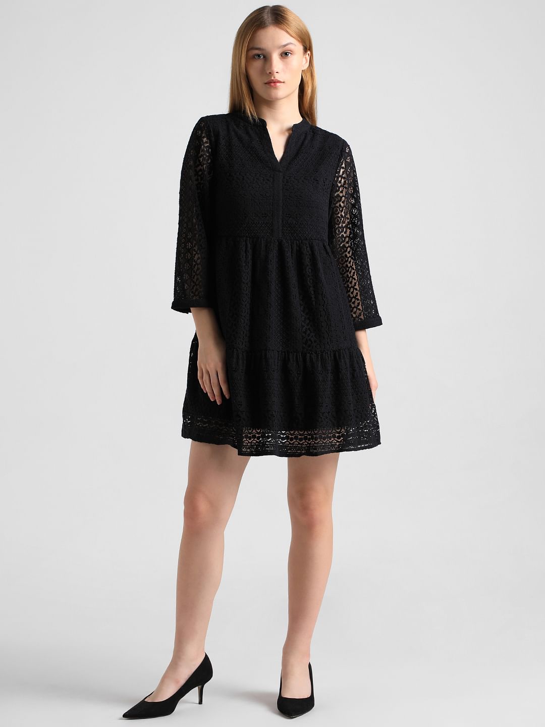 Black Lace Flared Shift Dress