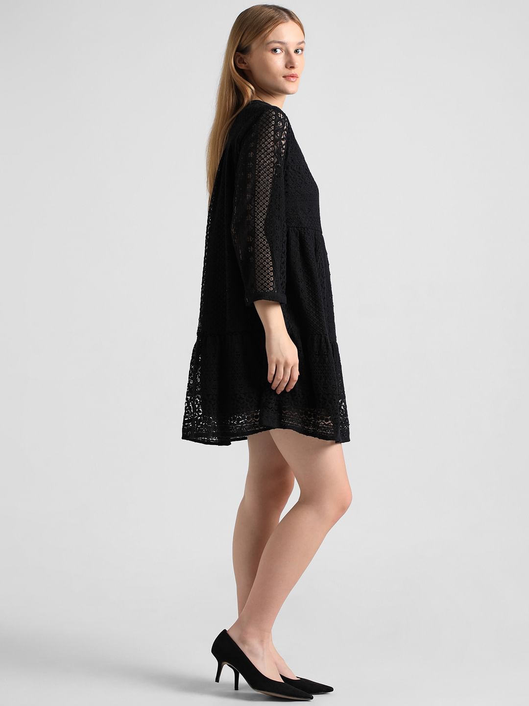 Black Lace Flared Shift Dress