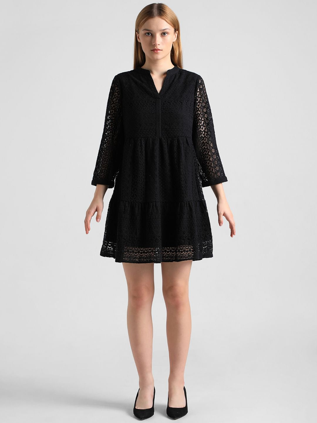 Black Lace Flared Shift Dress