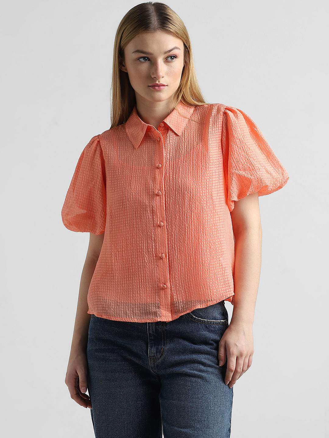 Peach Printed Puff Sleeves Shirt