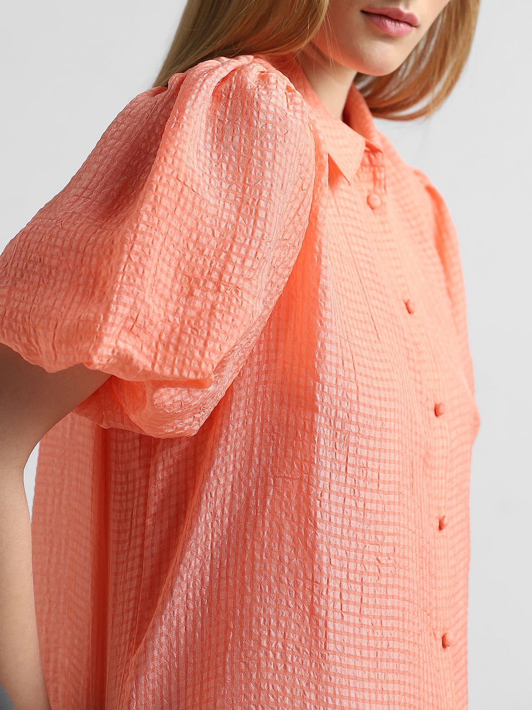Peach Printed Puff Sleeves Shirt