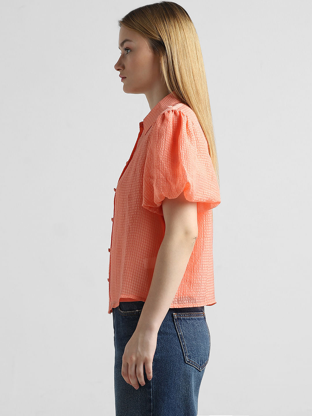 Peach Printed Puff Sleeves Shirt