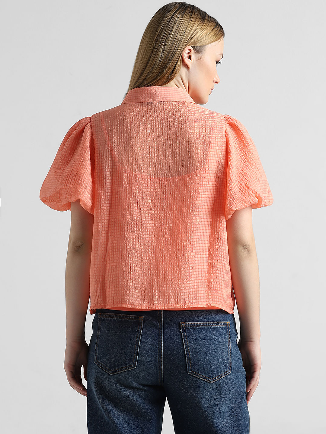 Peach Printed Puff Sleeves Shirt