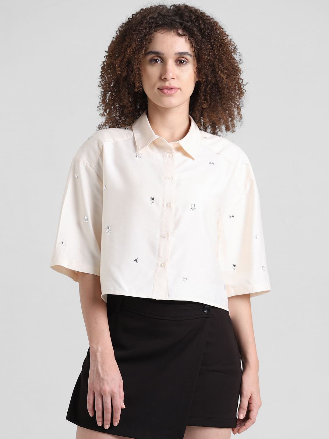 Beige Embellished Cropped Shirt