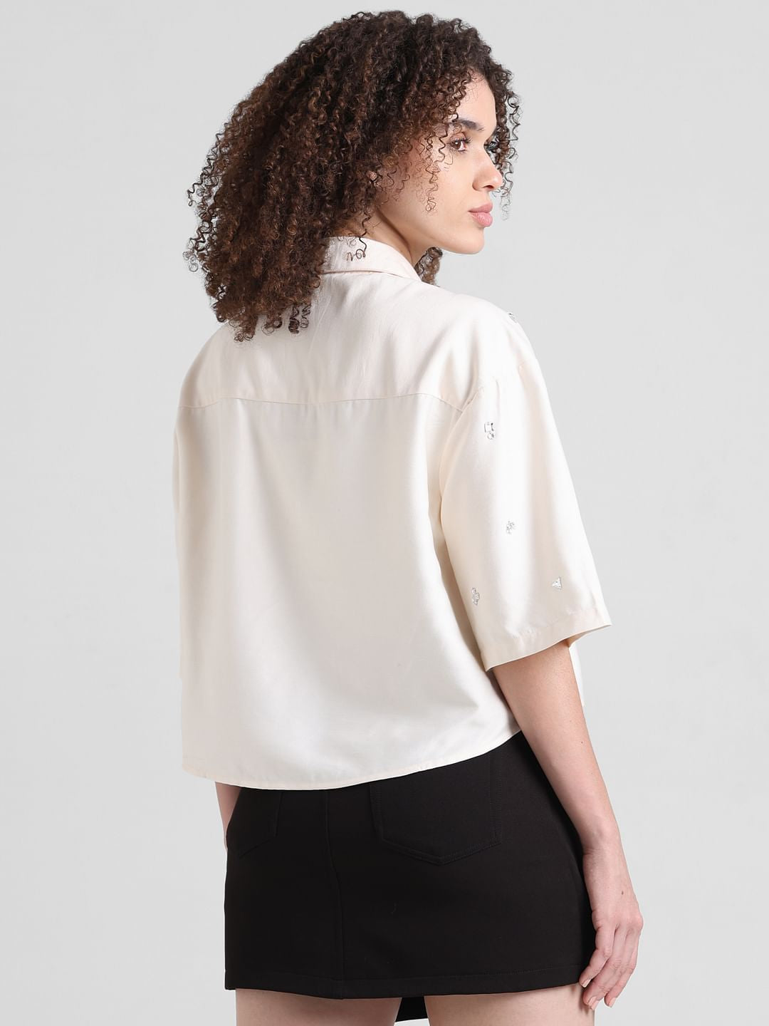 Beige Embellished Cropped Shirt