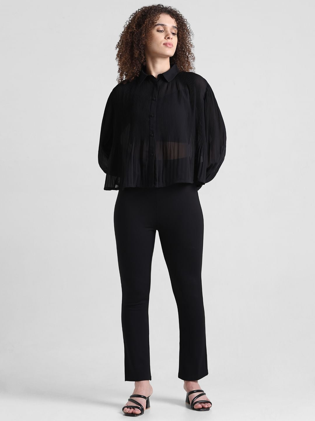 Black Pleated Cropped Shirt