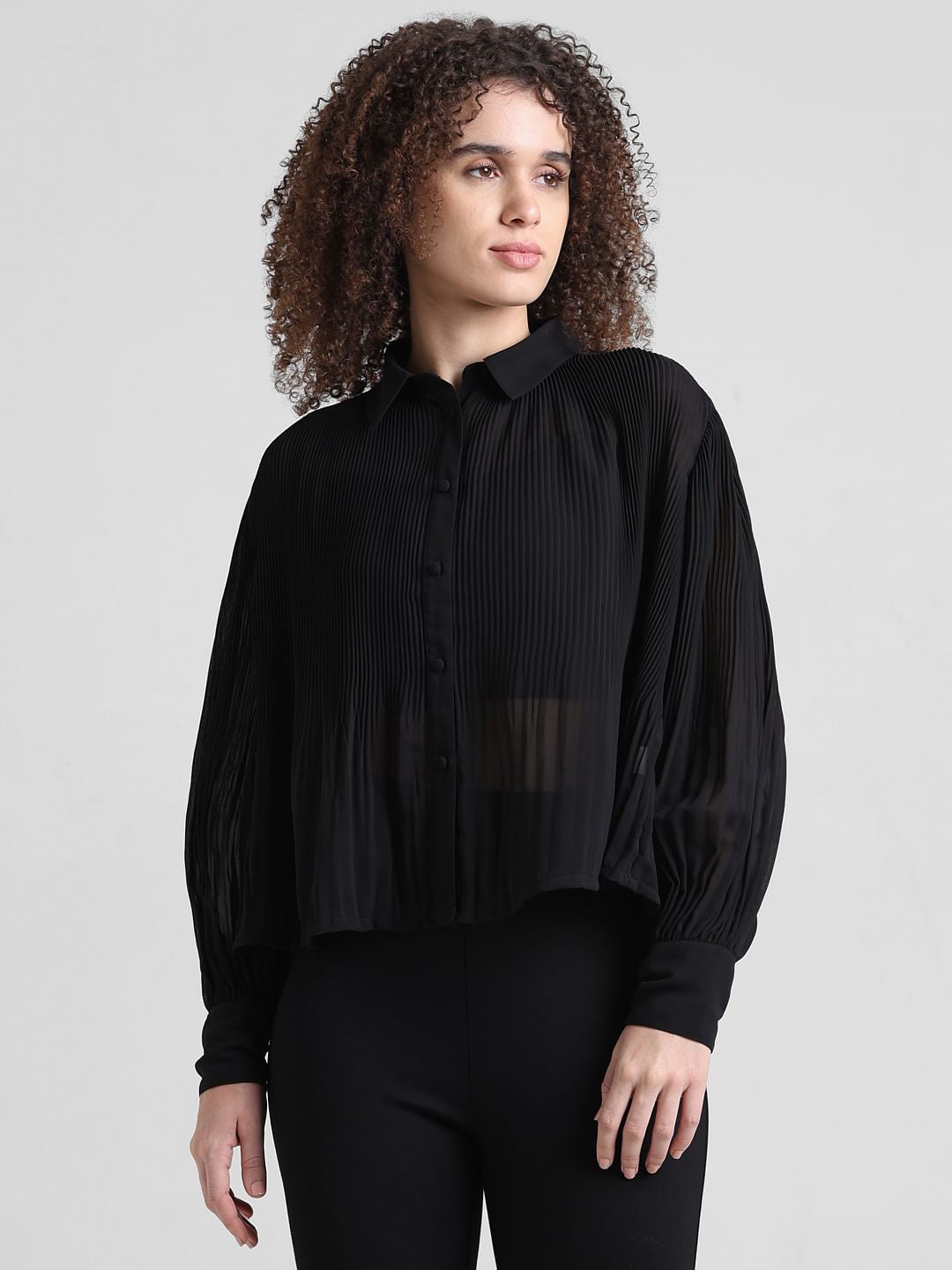 Black Pleated Cropped Shirt