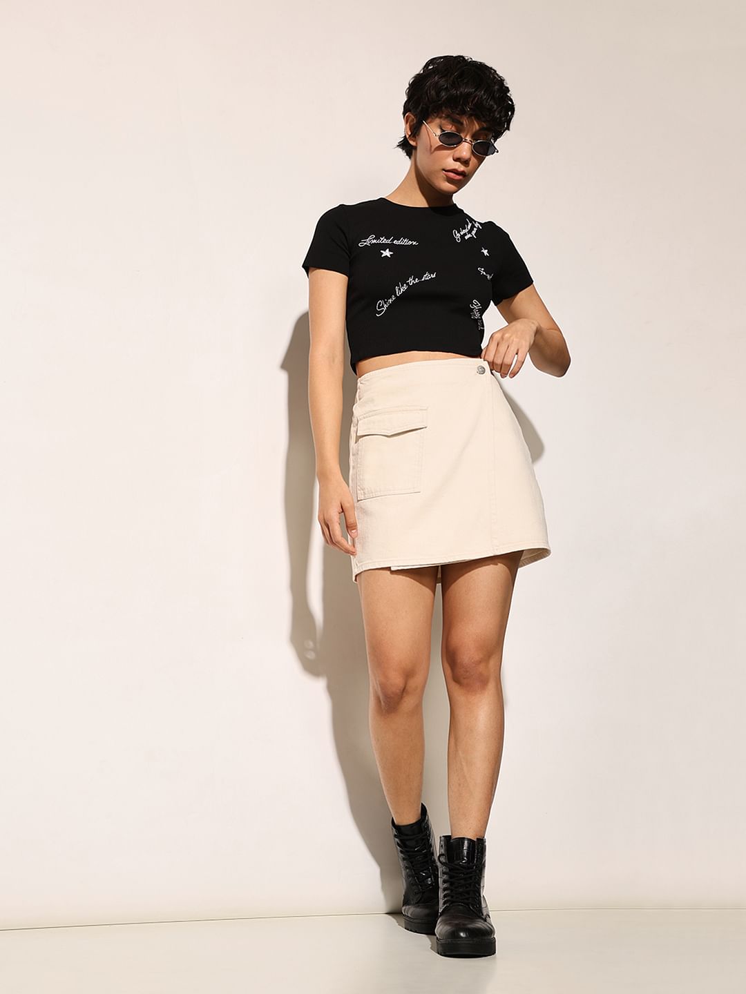 Beige Mid Rise Wrap Skirt