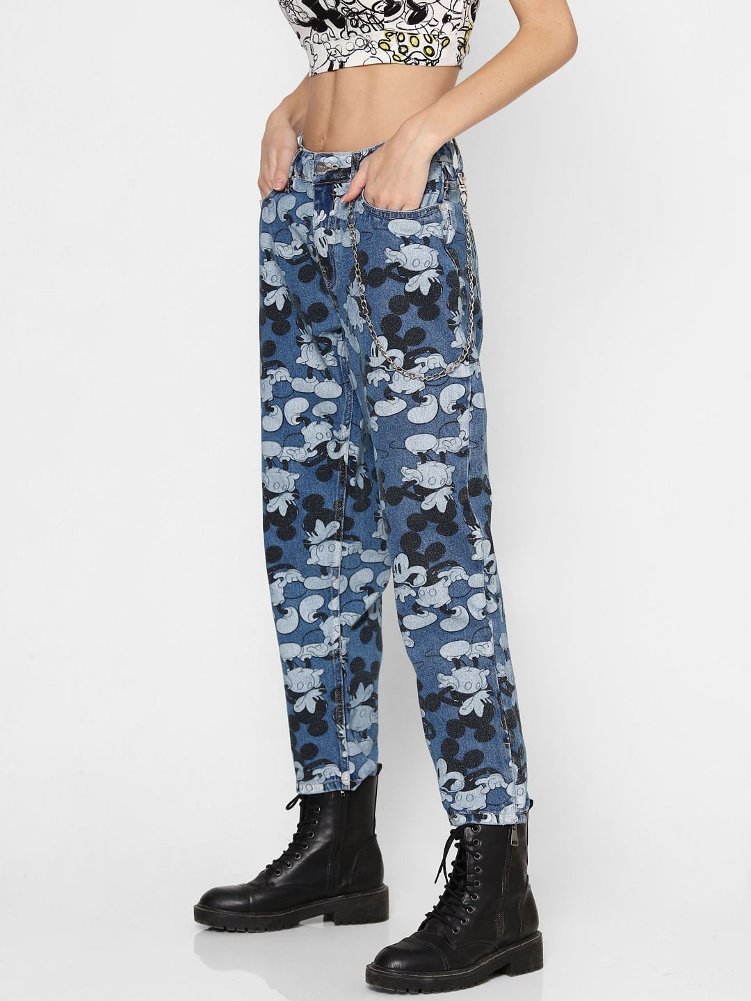 Only X Mickey Blue High Rise Graphic Print Jeans