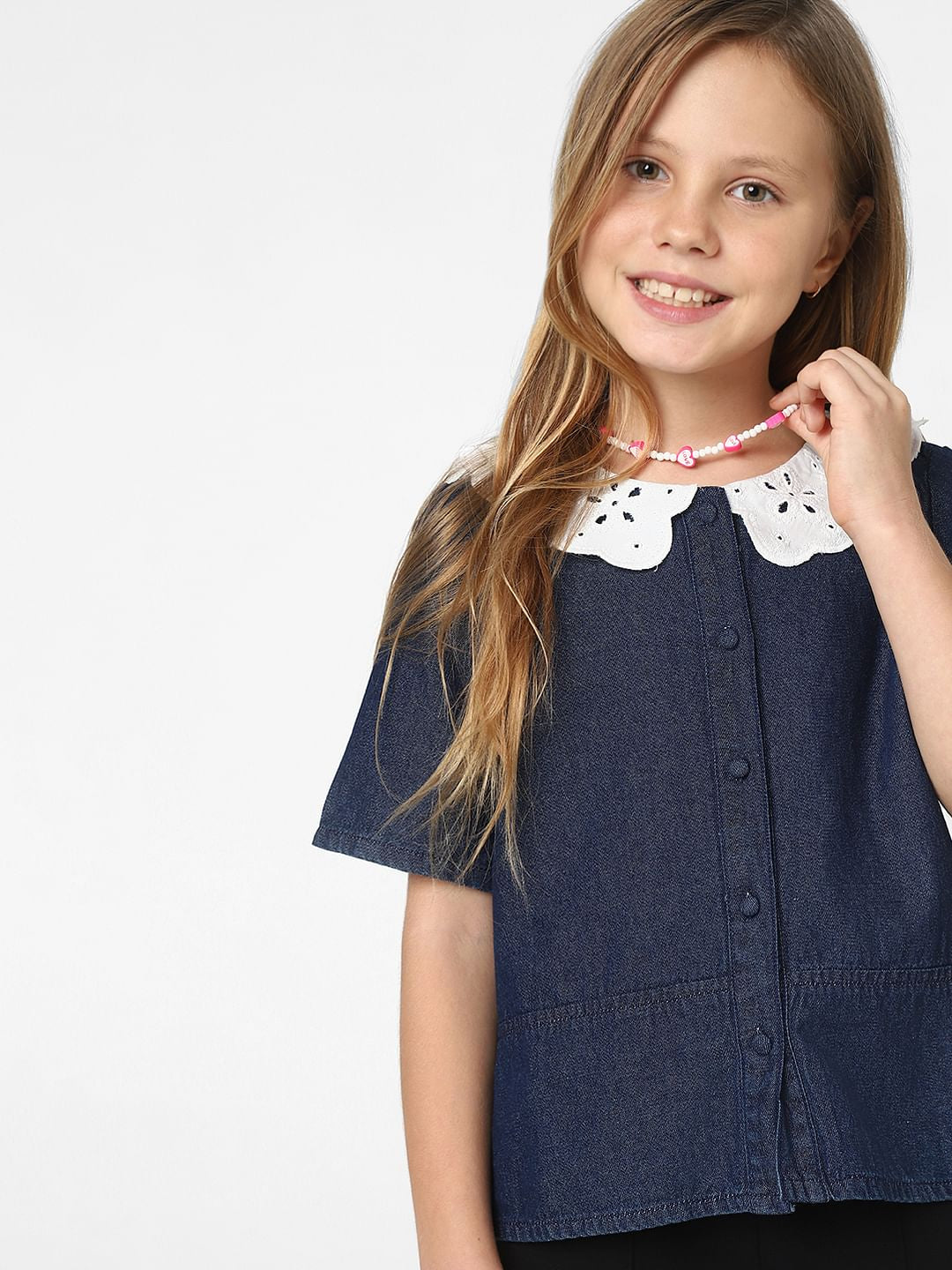 Girls Blue Schiflli Denim Top
