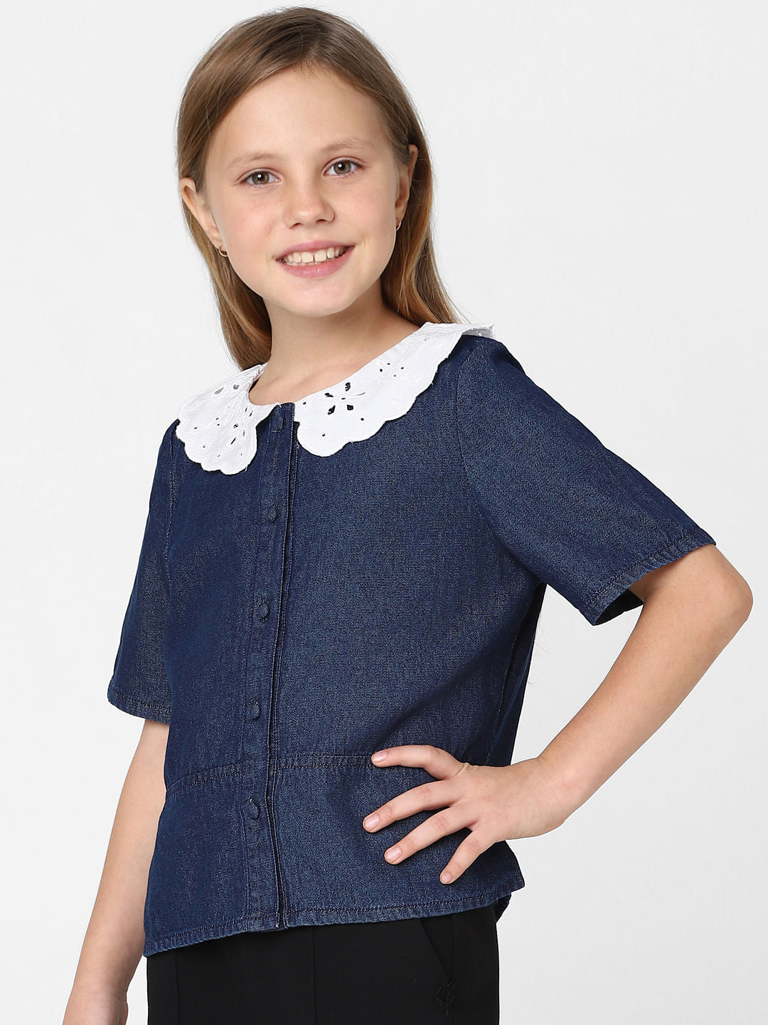 Girls Blue Schiflli Denim Top