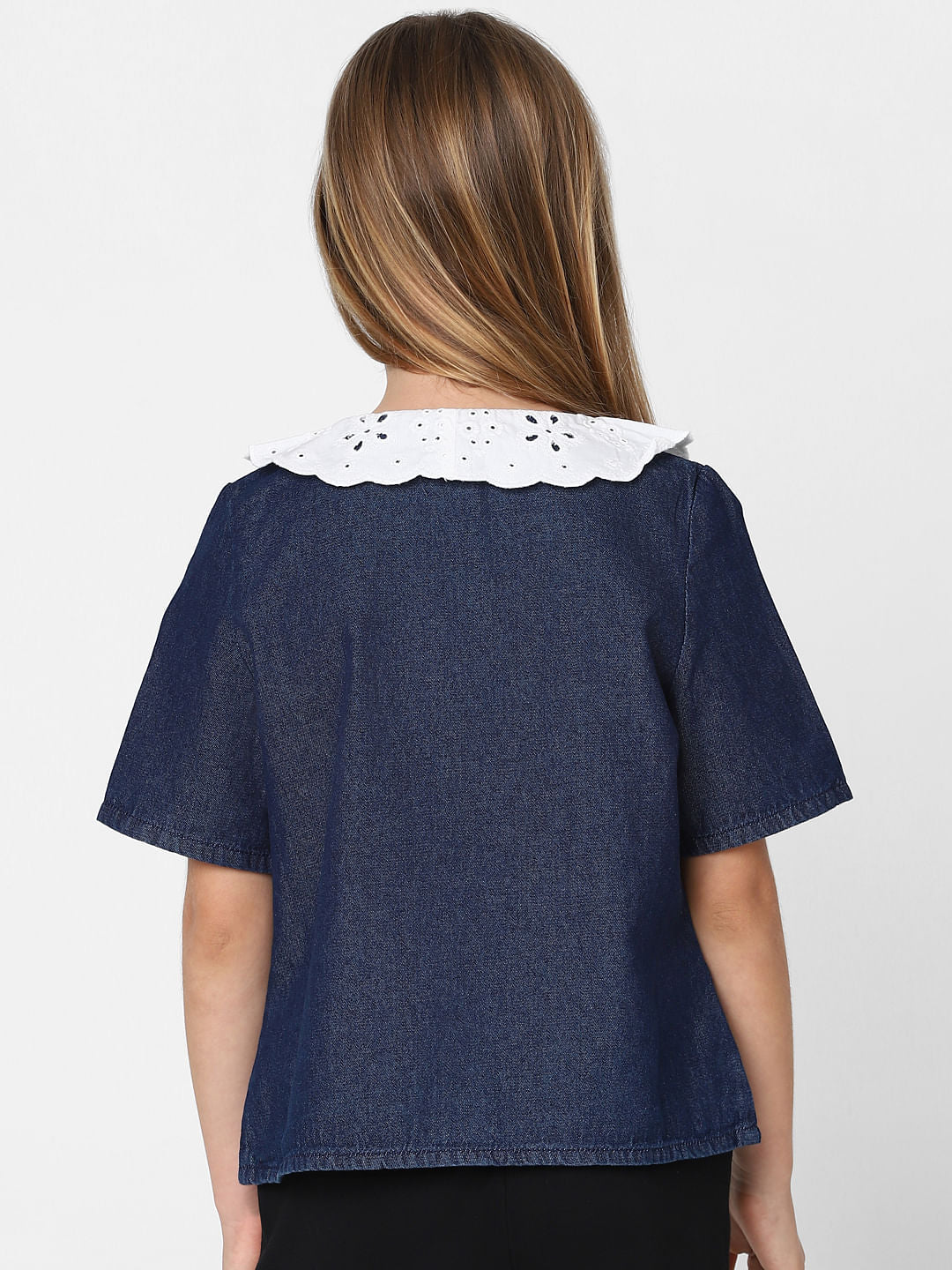 Girls Blue Schiflli Denim Top