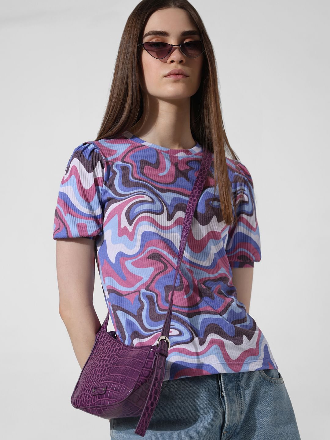 Pink Abstract Print Ribbed T-Shirt
