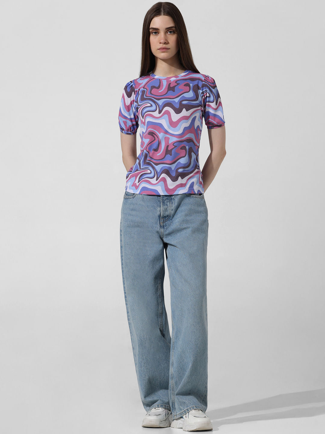 Pink Abstract Print Ribbed T-Shirt