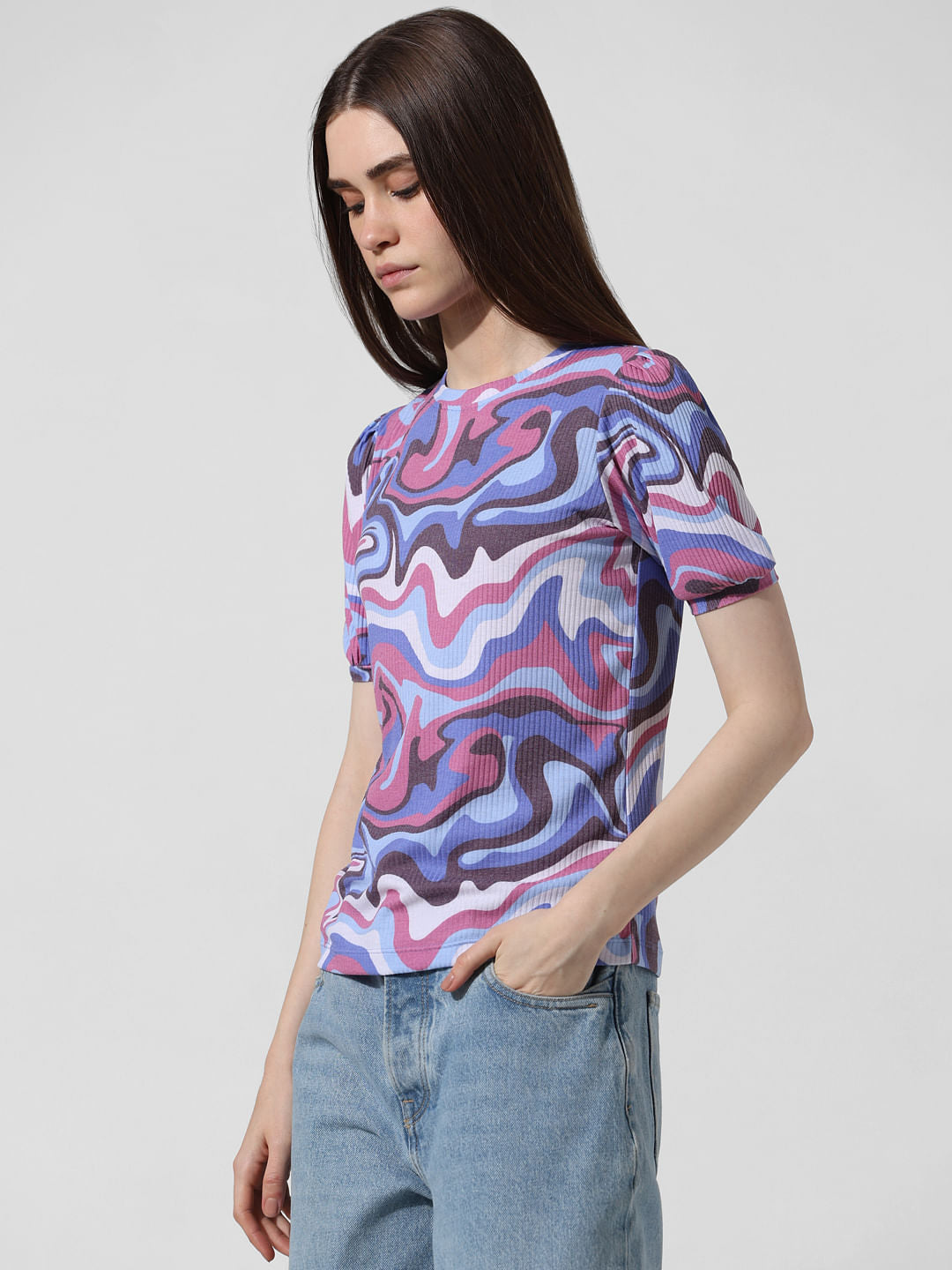 Pink Abstract Print Ribbed T-Shirt