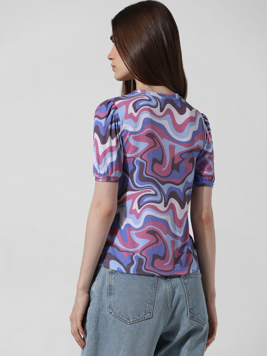 Pink Abstract Print Ribbed T-Shirt