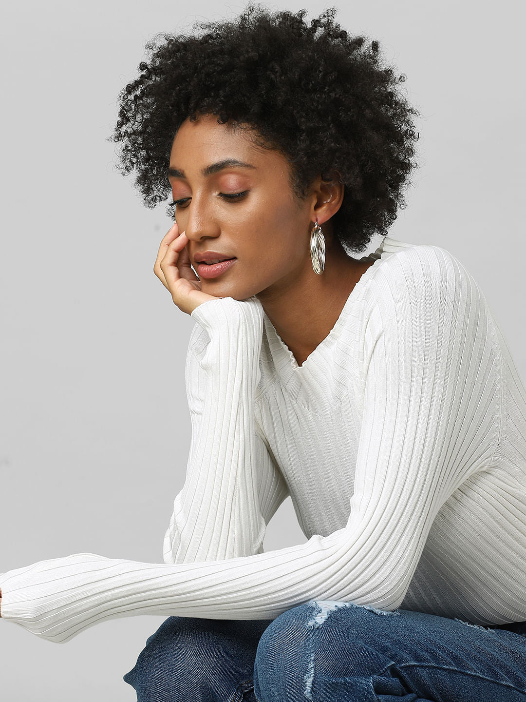 White Ribbed Cropped Pullover