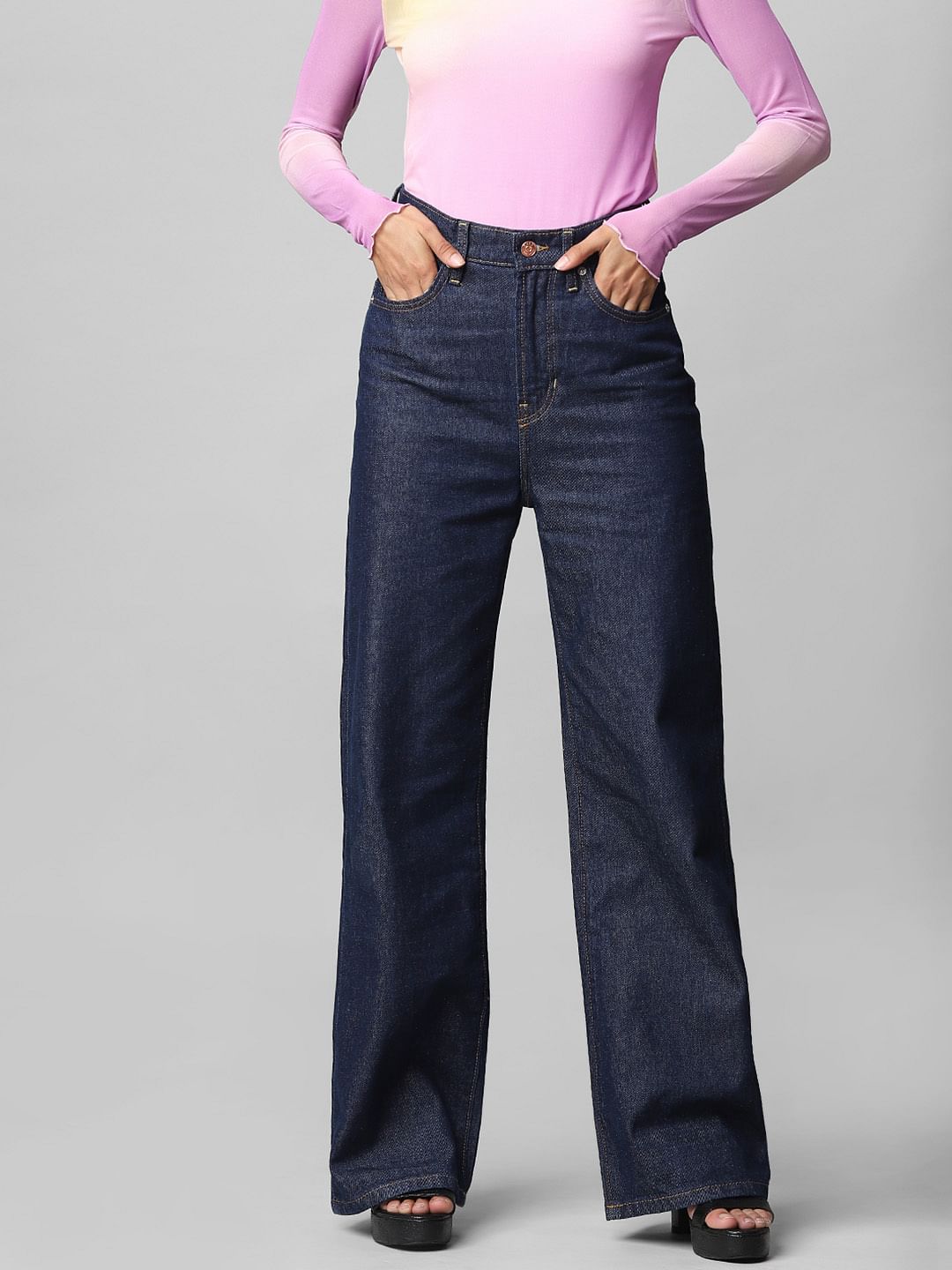 Dark Blue High Rise Wide Leg Jeans