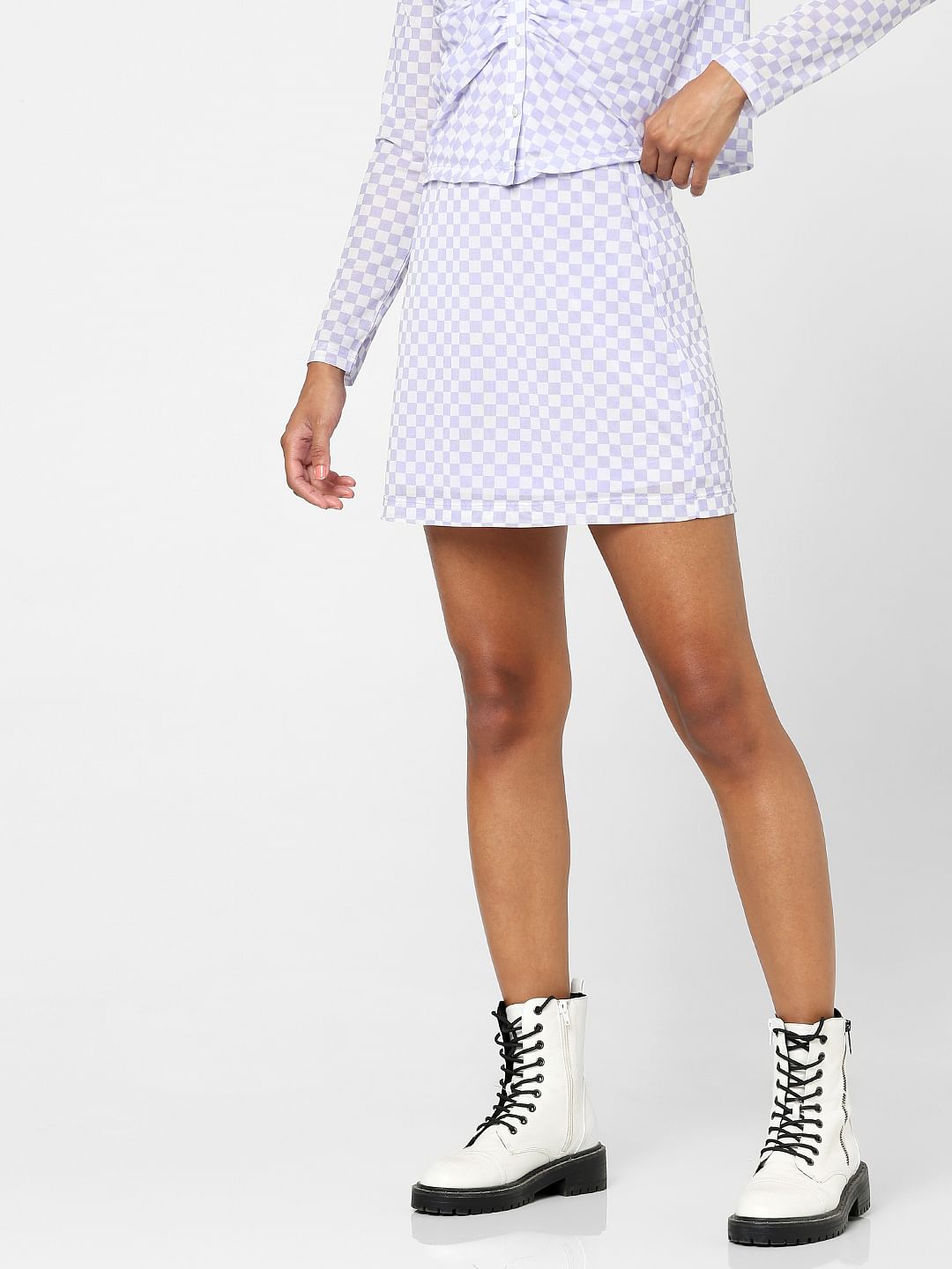 Lilac Check Print Co-Ord Mini Skirt
