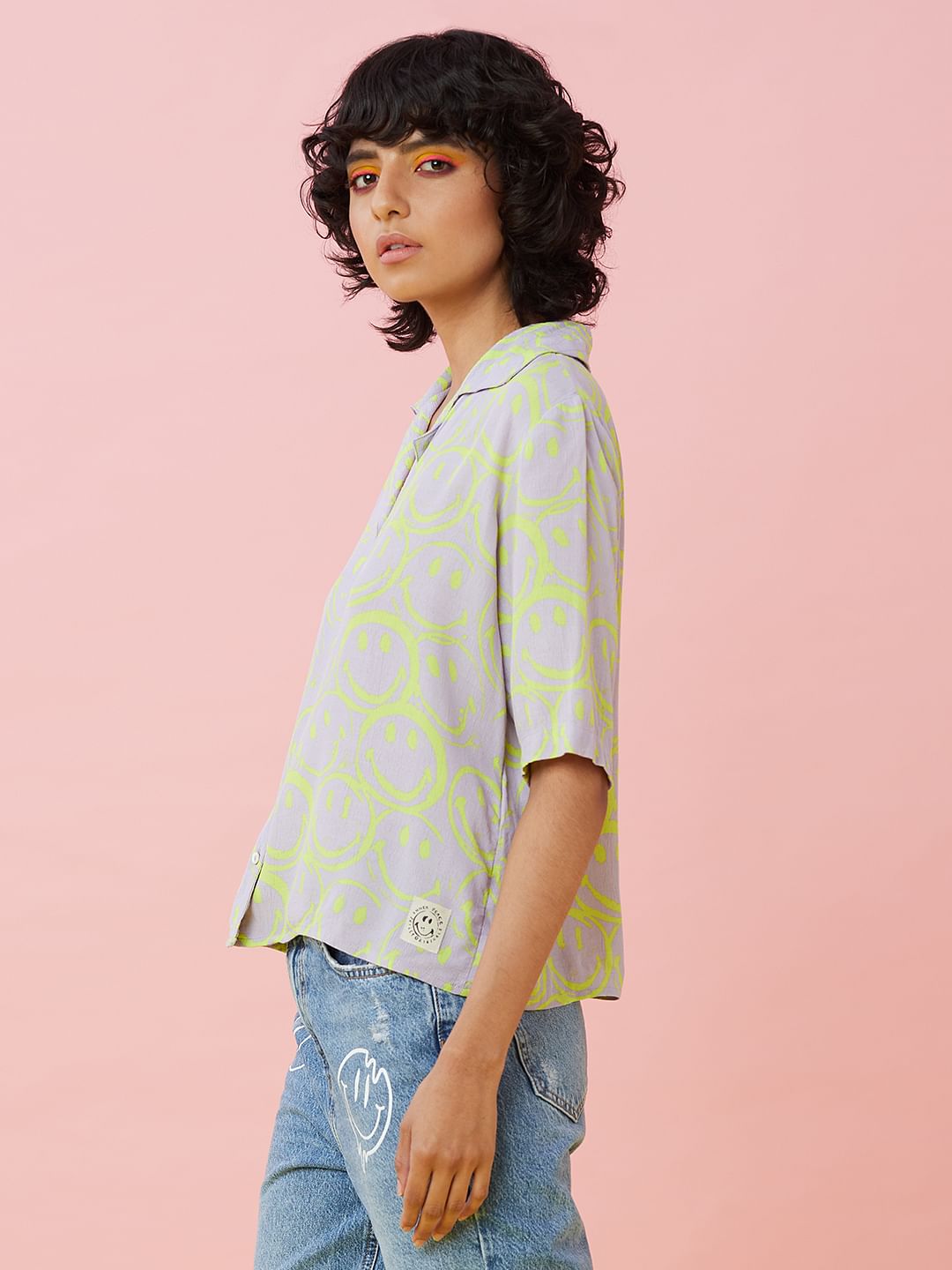Only X Smiley   Lilac Printed Resort Shirt