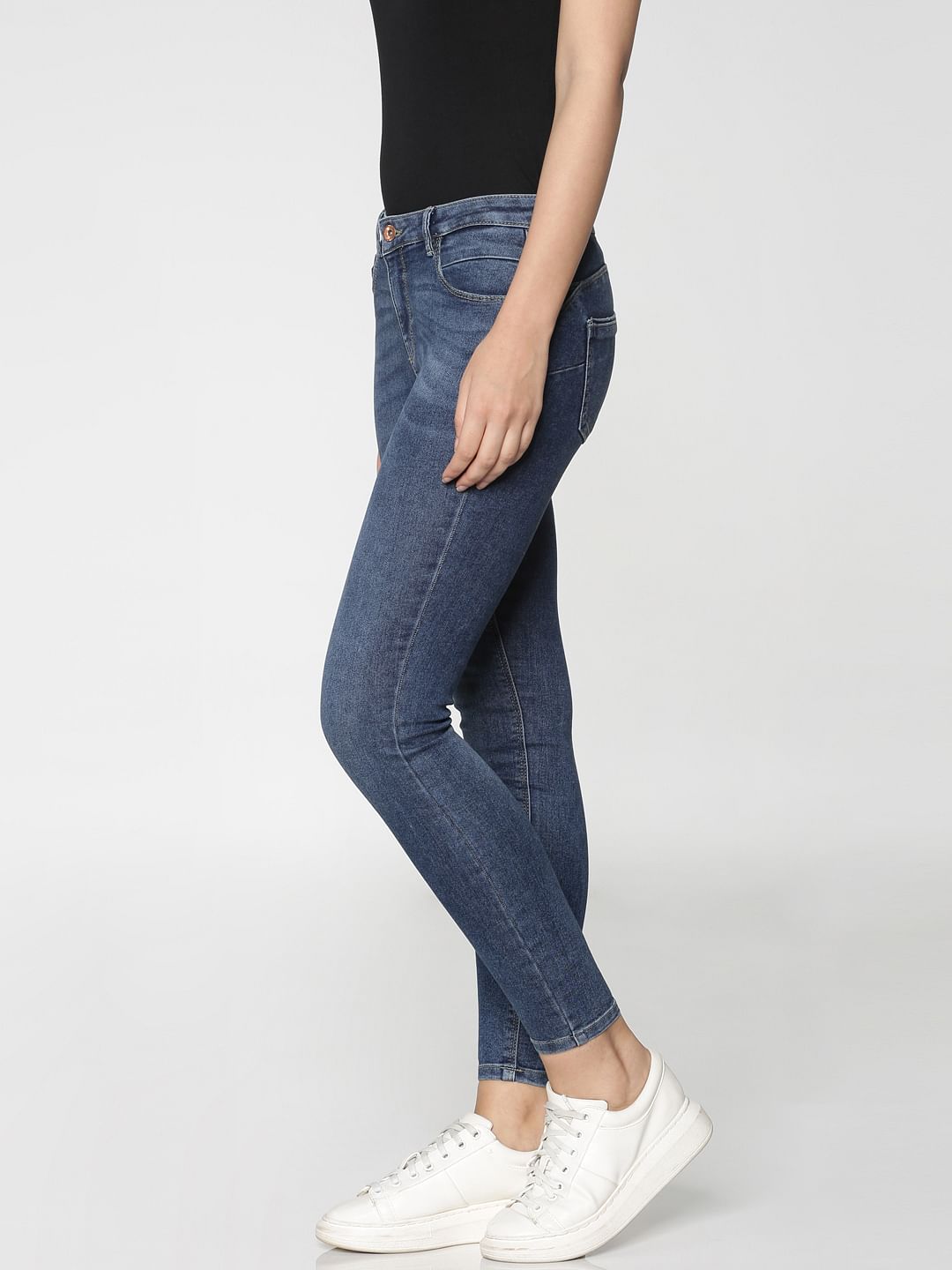 Dark Blue Mid Rise Ankle Length Skinny Fit Jeans