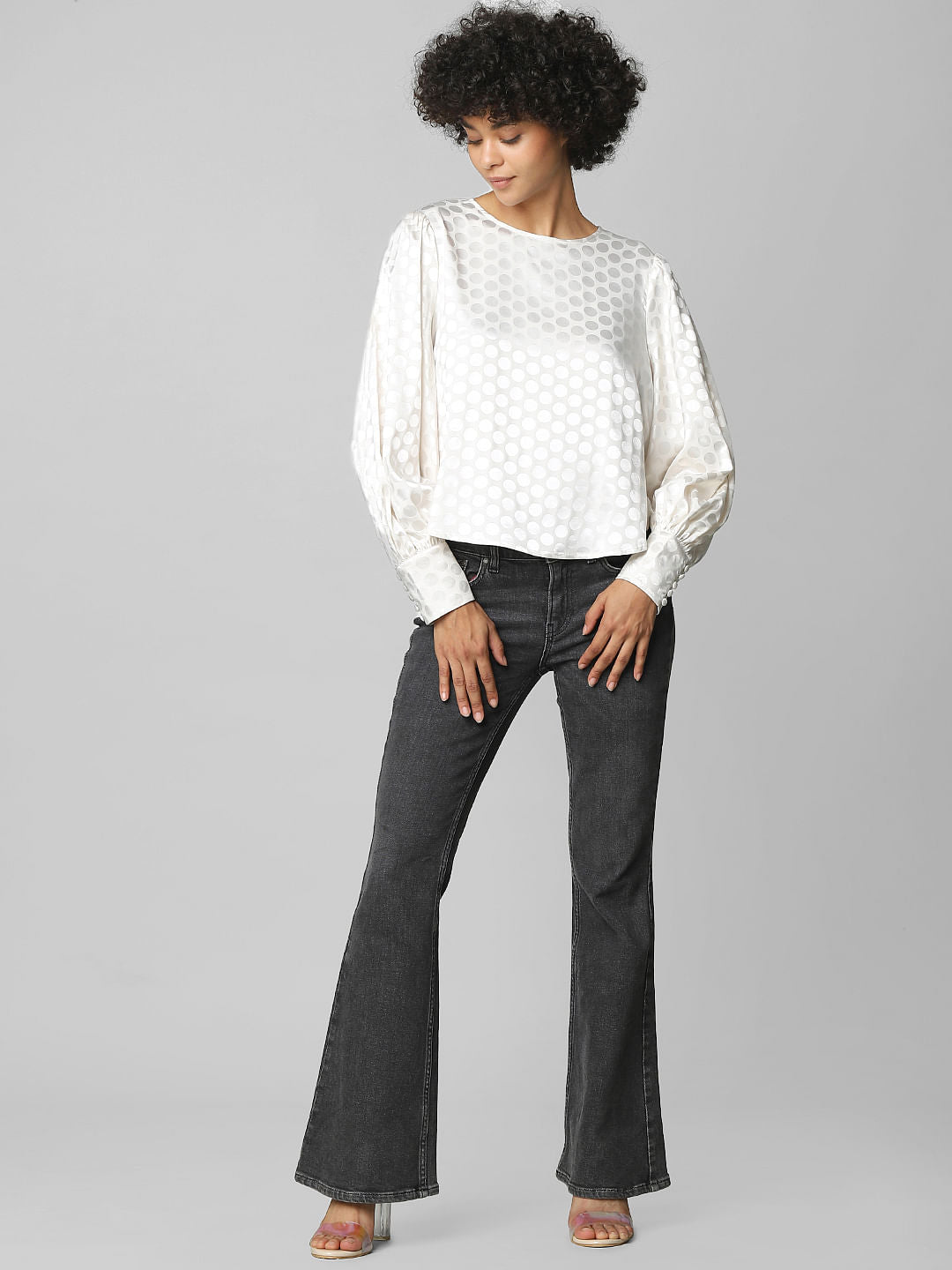 Beige Polka Dot Satin Top