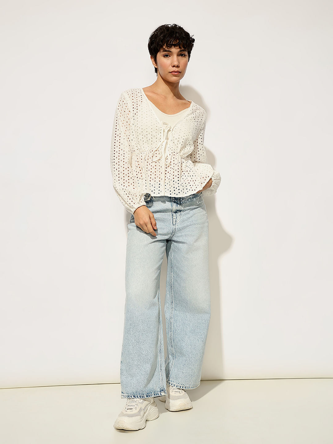 White Schiffli Tie Detail Cotton Top