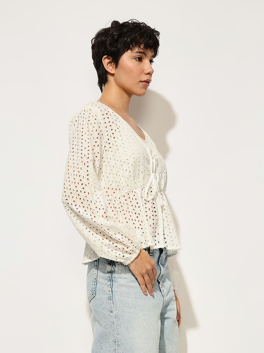 White Schiffli Tie Detail Cotton Top
