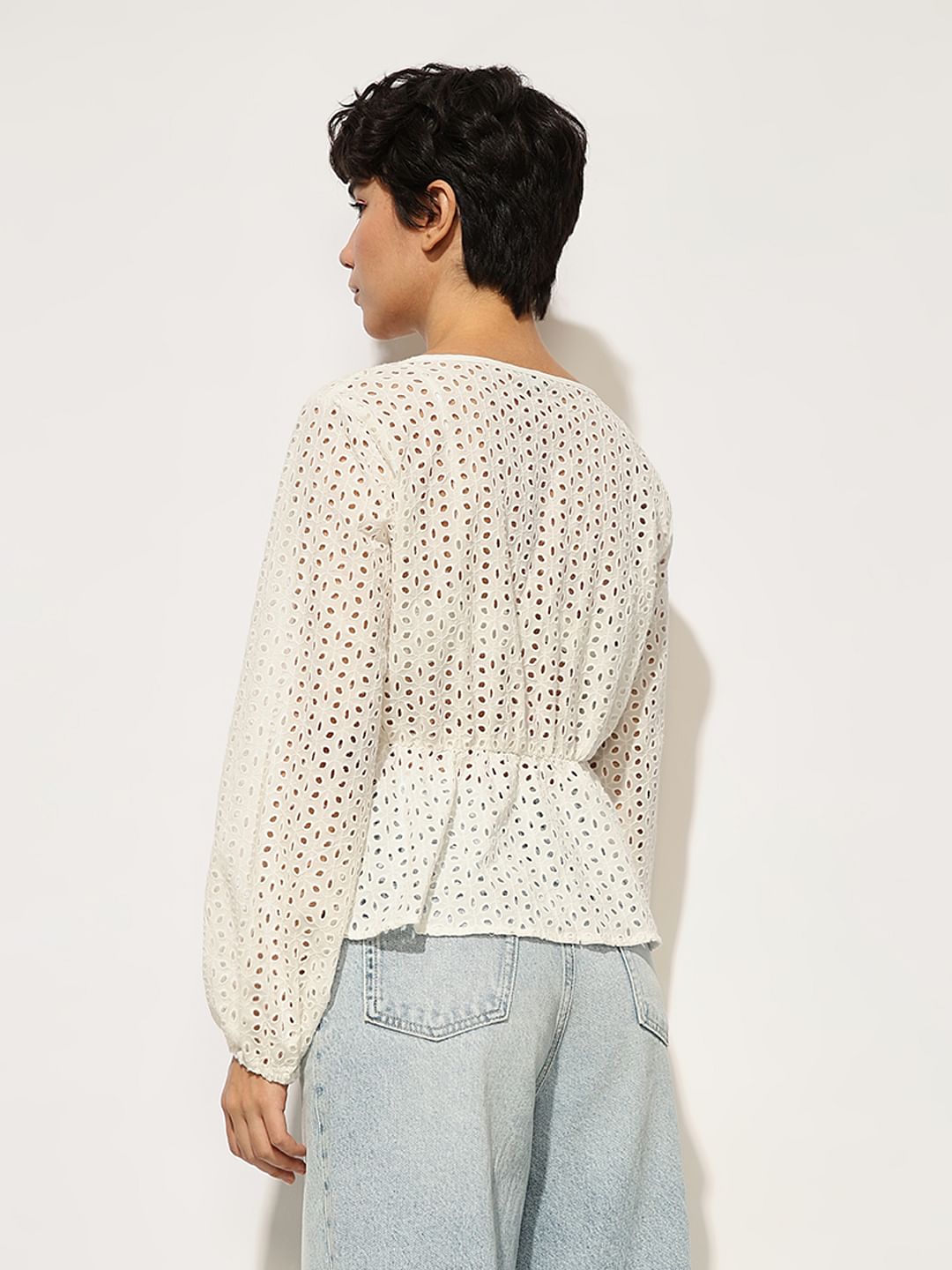 White Schiffli Tie Detail Cotton Top