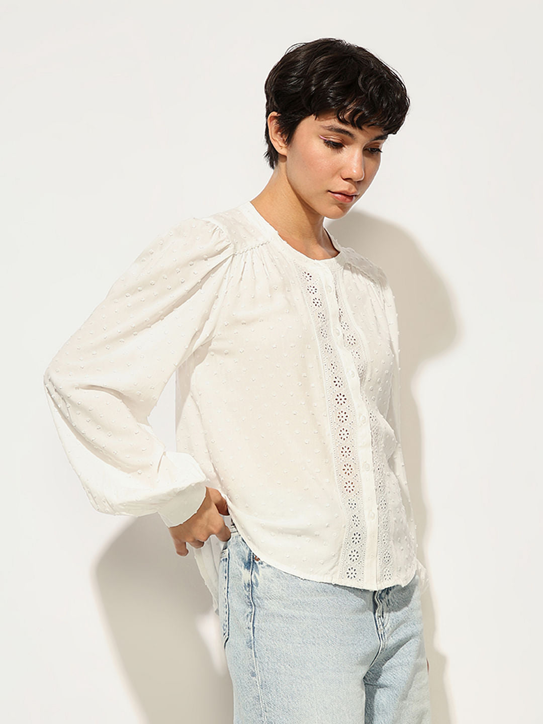 White Textured Lace Insert Top