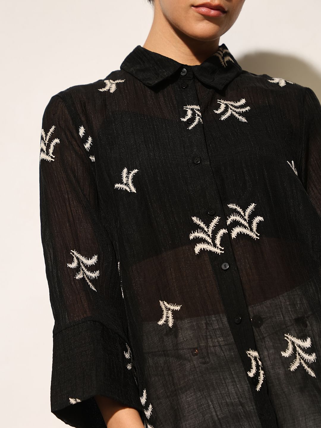 Black Embroidered Sheer Oversized Shirt