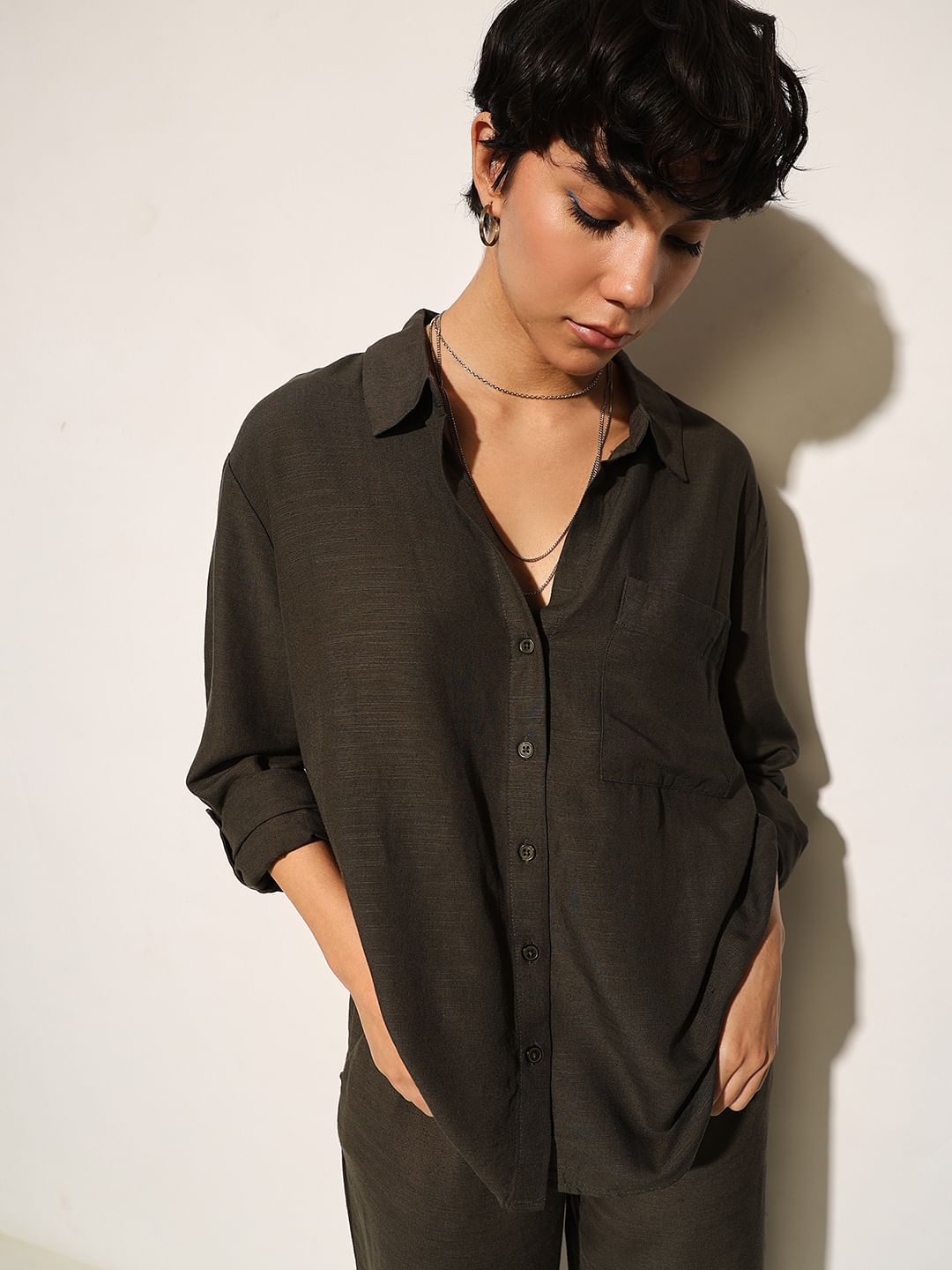Moss Green Linen Blend Oversized Shirt - XS