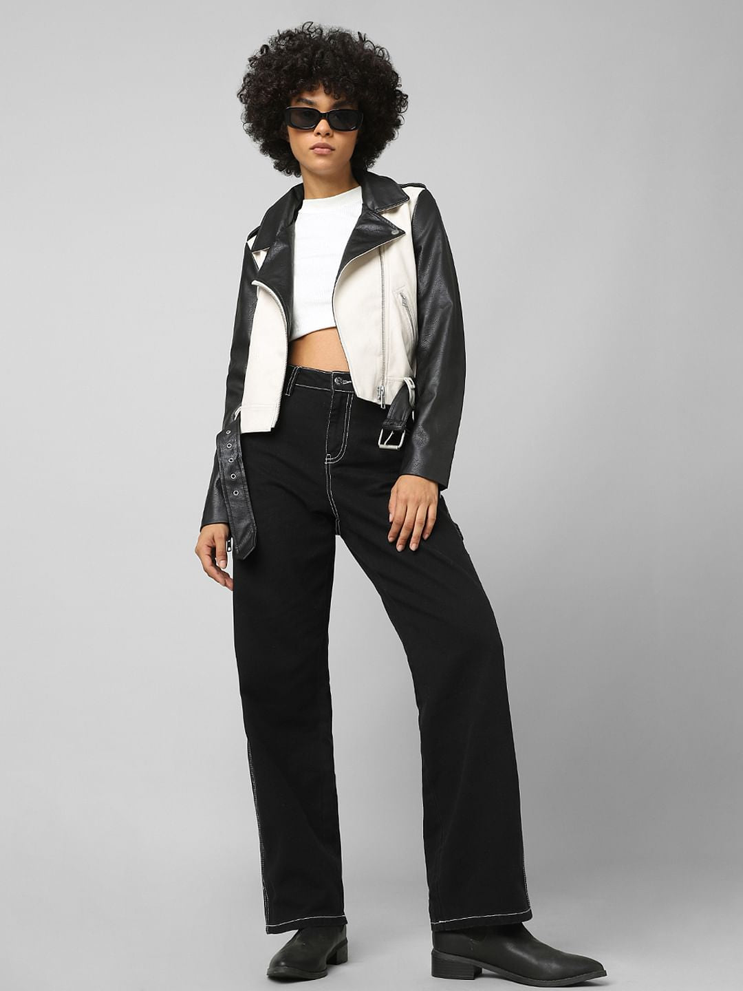 Beige Faux Leather Colourblocked Biker Jacket