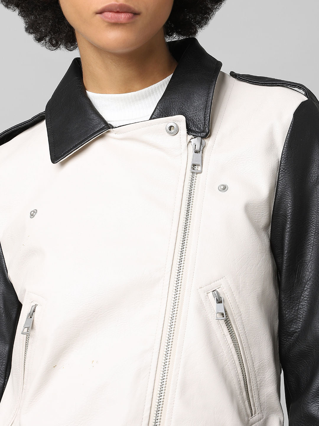 Beige Faux Leather Colourblocked Biker Jacket