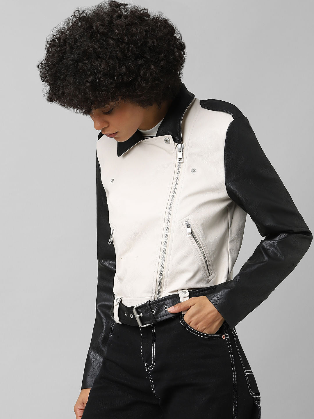 Beige Faux Leather Colourblocked Biker Jacket