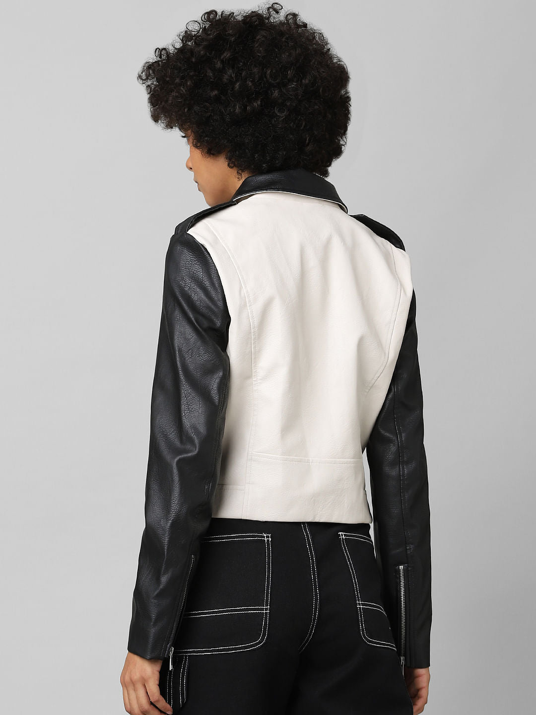 Beige Faux Leather Colourblocked Biker Jacket