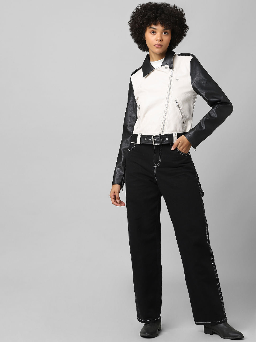 Beige Faux Leather Colourblocked Biker Jacket