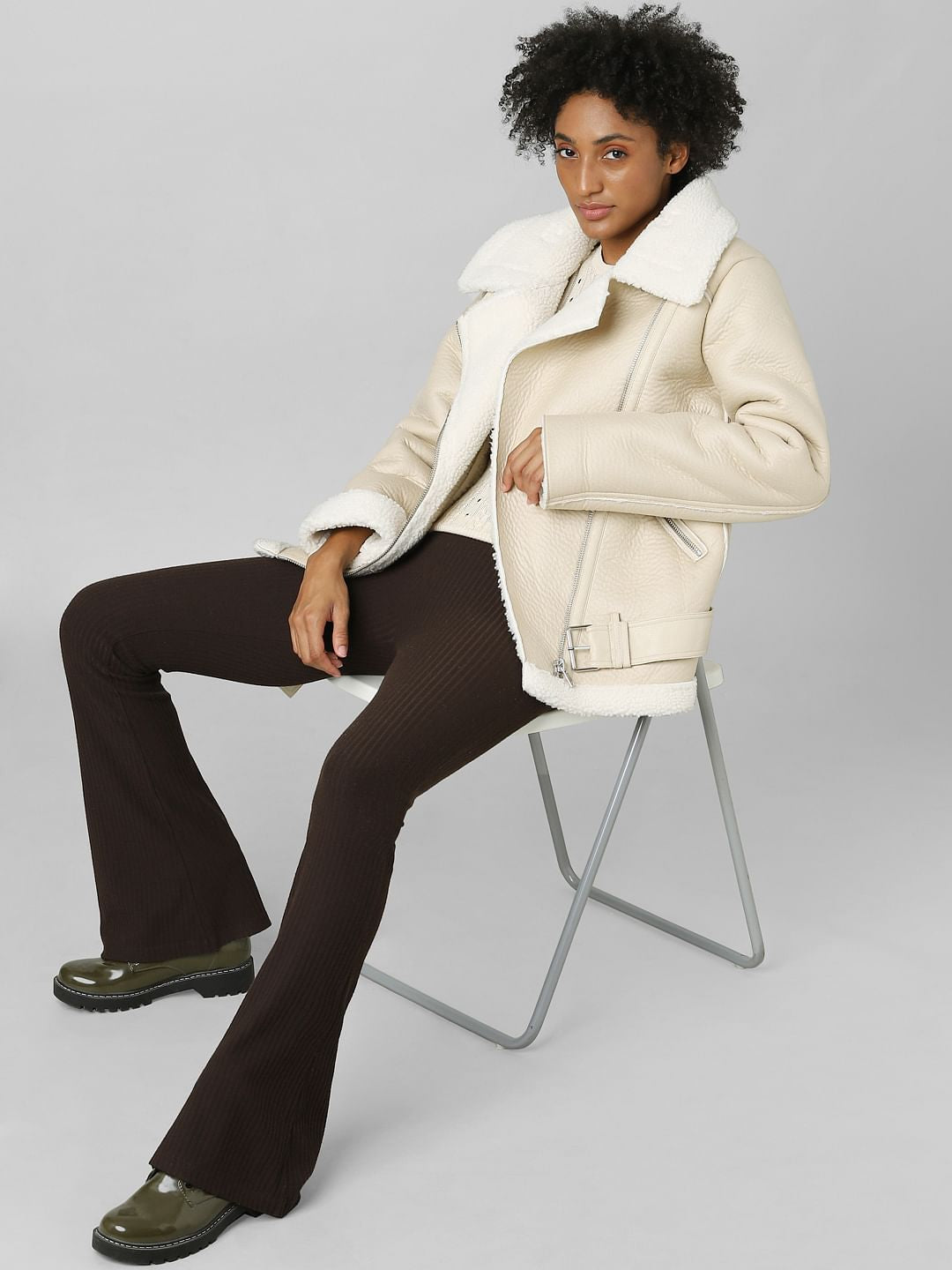 Beige Faux Leather Biker Jacket