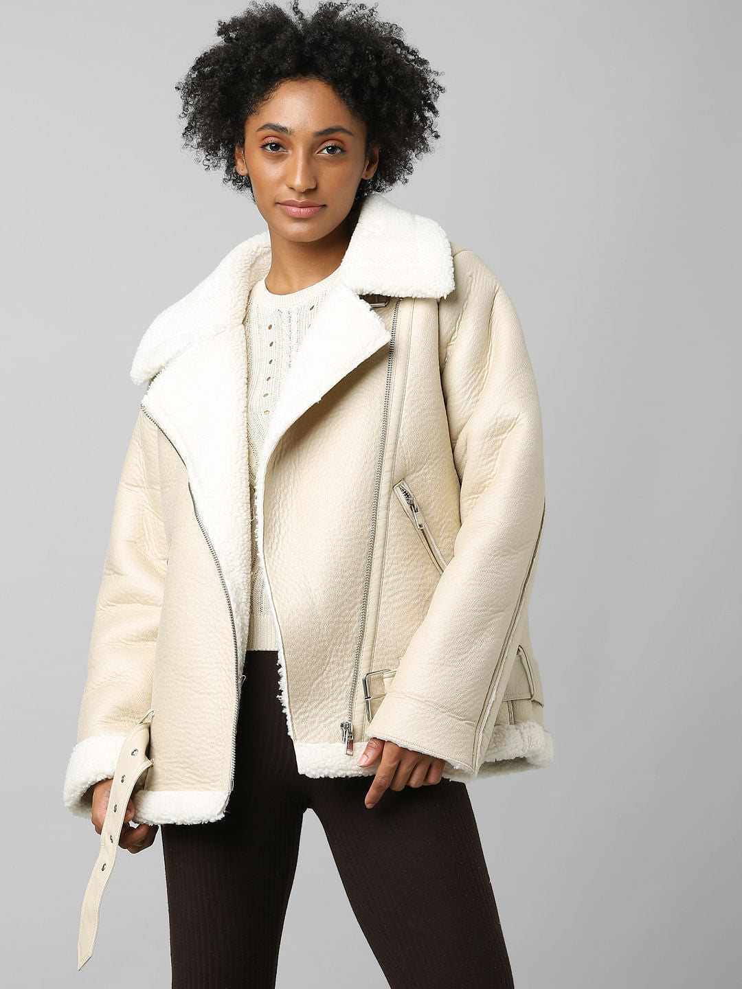 Beige Faux Leather Biker Jacket