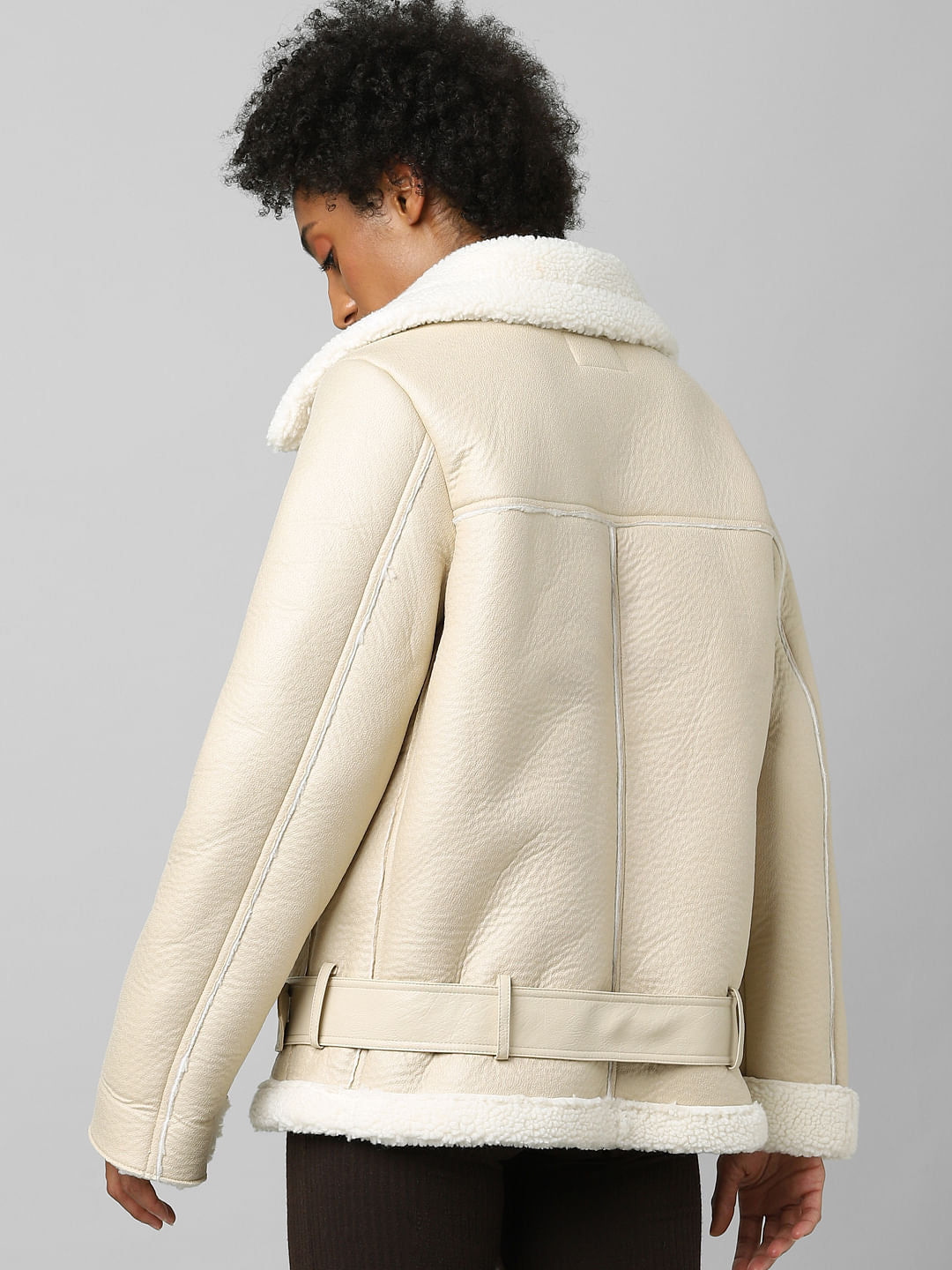 Beige Faux Leather Biker Jacket