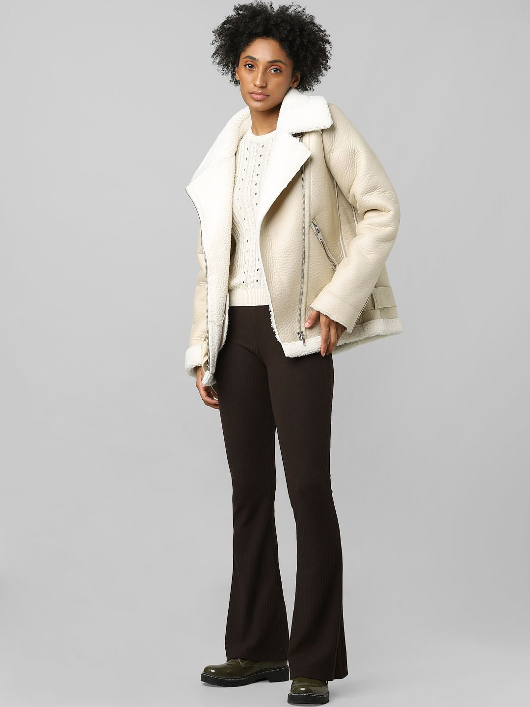 Beige Faux Leather Biker Jacket