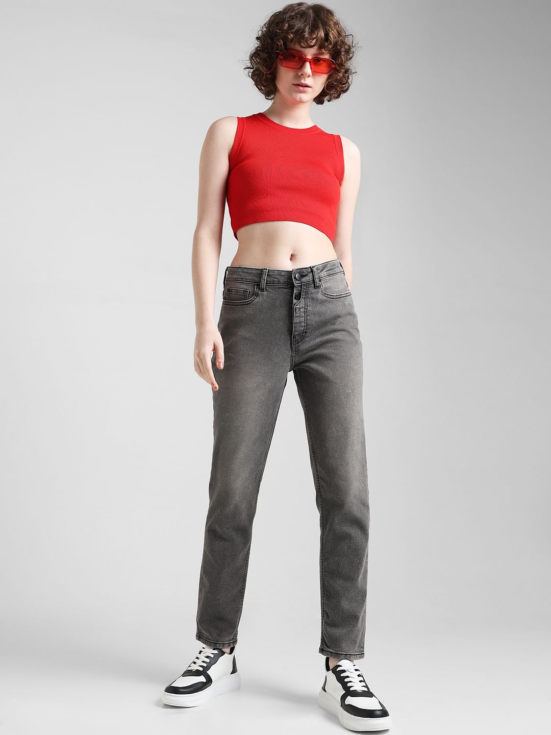 Black Mid Rise Light Washed Straight Fit Jeans