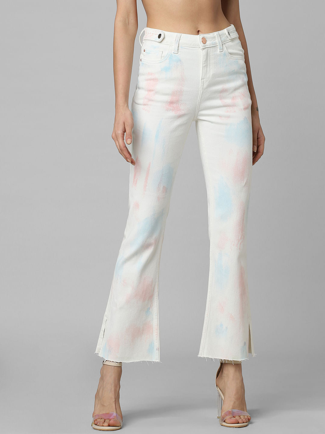 White Mid Rise Tie-Dye Bootcut Jeans