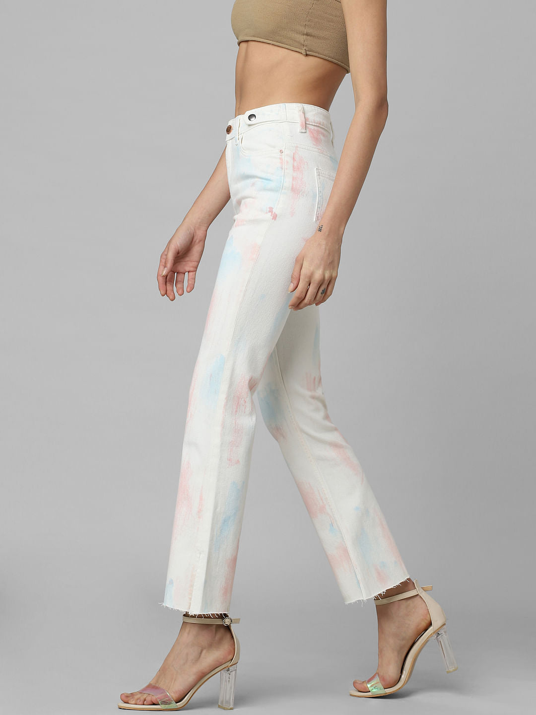 White Mid Rise Tie-Dye Bootcut Jeans